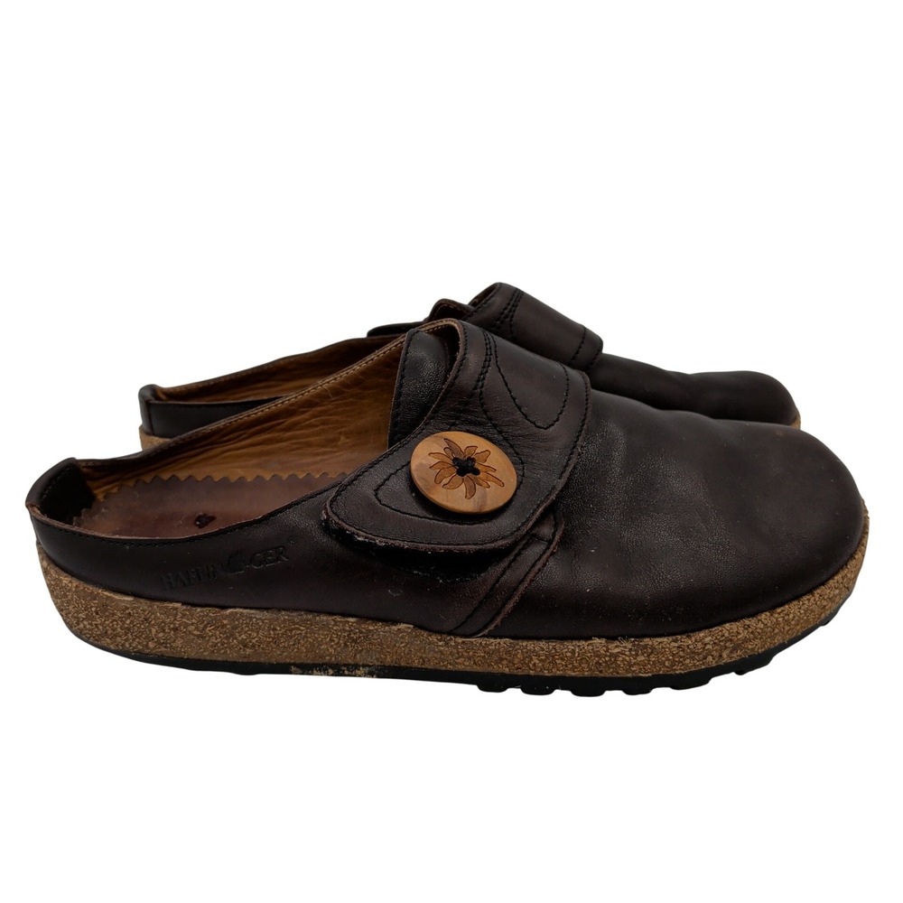 Haflinger Charlotte Brown Leather Cork Clog Mules Wood Button Womens 37 US 6-6.5